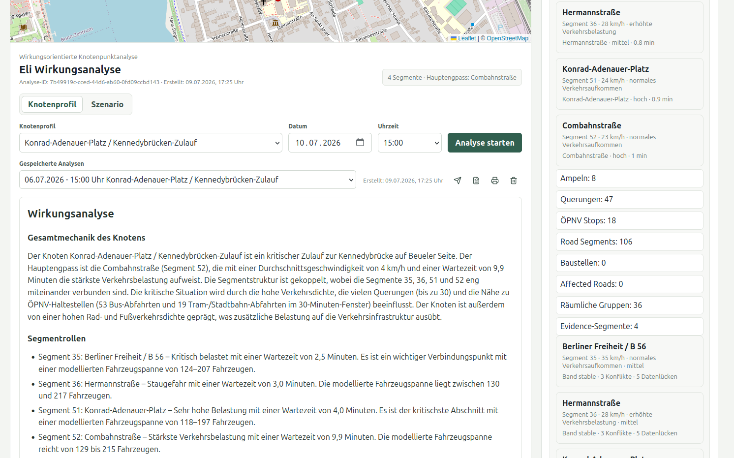 Wirkungsanalyse und Szenarioansicht von Eli Traffic für einen Bonner Verkehrsknoten